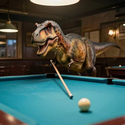 realistic high quality image of a tyrannosaurus rex playing pool in an old english pub