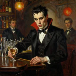 attractive male vampire who is a russian immigrant in the new york city working as a bartender in a rock bar highly detailed painting by gaston bussiere, craig mullins, j. c. leyendecker 8 k