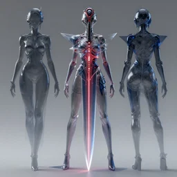 a full body character design by artgerm, cushart krenz, greg rutkowski and alphonse mucha. sci - fi dagger. laser red and white tape and dark grey blue translucent plastic tape project show attctive showgirl!! sci - fi helmet!! sharp edges. ultra clear detailed. contour light effect!! 8 k. ultra detailed, elegant, intricate, octane render.