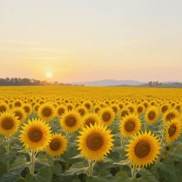 beautiful stunning inspiring painting of a calm peaceful sunflower field landscape at sunrise, warm lighting, fantasy, concept art, unreal engine, hyperrealism, trending on artstation