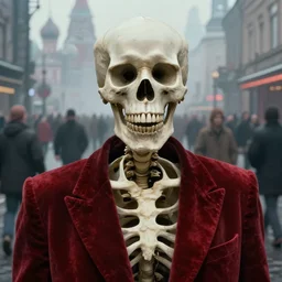 realistic extremely detailed movie still closeup portrait painting of a single skeleton wearing crimson velvet blazer in a foggy crowded futuristic moscow street by denis villenueve, amano, yves tanguy, alphonse mucha, ernst haeckel, jean delville, ilya repin, edward robert hughes, andrei tarkovsky, roger dean, rich moody cold colours, closeup