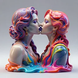 3 d render of two melting psychedelic women kissing, resin pour art, beautiful vibrant colors