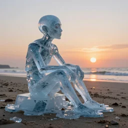 a golem made of ice on a beach at sunset, overly detailed, golem melting, sitting and looking to sunset, by kurzgesagt and kim jung gi