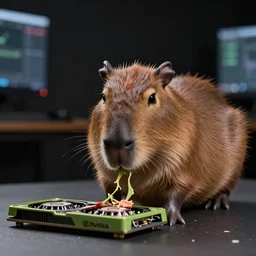 cute capybara eats a nvidia gpu, studio lighting, professional photograph, shallow depth of field, bokeh, sharp focus, taken by sony a 7 r, 4 k, depth of field