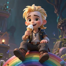 An epic fantasy comic book style portrait painting of an adorable little albino Nicolas Cage with blonde dreads eating ice cream, smiling, sitting on top of a rainbow, atmospheric fantasy setting, unreal 5, DAZ, hyperrealistic, octane render, RPG portrait, ambient light, dynamic lighting