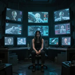 a dimly lit room with a cyberpunk girl sat in the middle. a wall of televisions and computer screens showing images of aliens, planets and data. oscilloscope. cyberpunk vibes. sci - fi. realistic photography art. zack snyder. tooth wu and wlop and beeple and greg rutkowski. dslr. 8 k resolution. vray