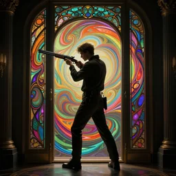 man stands shot in blaster at the door, shotgun, details, dark room, side profile centered, by artgerm, cushart krenz, greg rutkowski, james jean. art nouveau. gloomhaven, swirly vibrant ripples, gaudy colors, sharp edges. ultra clear detailed. 8 k. elegant, intricate, octane render
