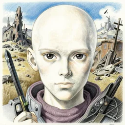 albino scavenger in a post - apocalyptic wasteland, finely illustrated face, highly detailed, colored pencil, studio ghibli, tankobon, in the style of ilya kuvshinov and krenz cushart and william - adolphe bouguereau and alphonse mucha