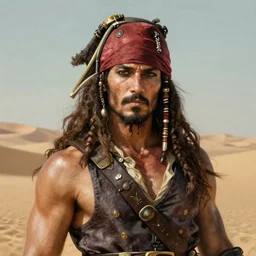 , portrait of a 1 male pirate captain of the desert, muscular upper body, D&D, fantasy, intricate, elegant, highly detailed, digital painting, artstation, concept art, smooth, sharp focus, illustration, art by artgerm and greg rutkowski and alphonse mucha