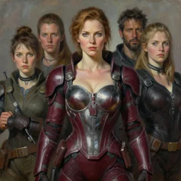 portrait of swedish woman wearing maroon power armor with steel overbust corset. intricate painting by ross tran, magali villeneuve, and jeremy mann.