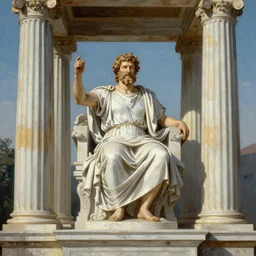 a thomas cole naturalist style painting of zeus in a toga sitting atop mount olympus with enormous columns on either side