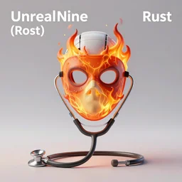 An album cover, fire, mask, stethoscope, 3d render, ((robot)), (unreal engine), (rust), photograph, portrait, painting, (trees)