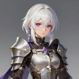 A realistic anime portrait of a short white haired female rogue wearing an intricate medium armor, middle eastern, purple eyes, digital painting, by Stanley Artgerm Lau, Sakimichan, WLOP and Rossdraws, digtial painting, trending on ArtStation, SFW version