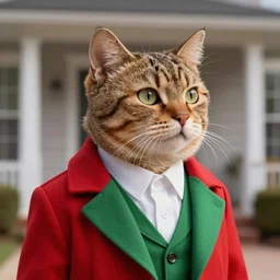a cat wearing a red and green formal overcoat, hyperrealistic, concept art, octane render, unreal engine 5, realistic and defined face, profile picture, digital art, pixar and disney, symmetrical, high quality, highly detailed, high coherence, path traced, house background