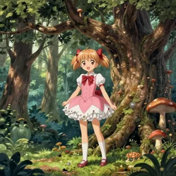 magical girl madoka magica in a forest with wise oak treant adorned with fungi like mycelium branches highly detailed by Agostino Arrivabene, Albert Bierstadt, Albert Koetsier and Agnes Lawrence Pelton:3, trees covered with various mushrooms, bright vivid color hues:1, brown:-2