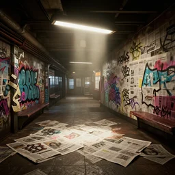 dimly lit urban american subway stations made out of newspaper with colorful graffiti, heavenly light, 3 d, very detailed, octane render, trending artstation, artgem, cgisociety