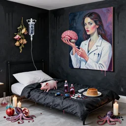 bedroom with black dripping walls and a futon, berry juice, dripping, a sensual portrait of a female pathologist holding a brain, a piglet, batteries ; intravenous drip, wilted flowers, pomegranate, candles, octopus, pancakes, berries, surgical supplies, scientific glassware, candles, neo - expressionism, surrealism, acrylic and spray paint and oilstick on canvas