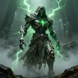 character design, biomechanical arcanis, tattered robe and hood, green lightning, fog, scary, arrogant, hostile, photorealistic, cinematic, hyper realistic, octane render, 8 k, wide angle