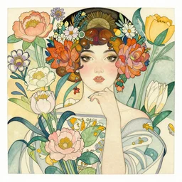 beautiful woman surrounded by flowers, beautiful line art, water color illustration, sketch, highly detailed, mucha