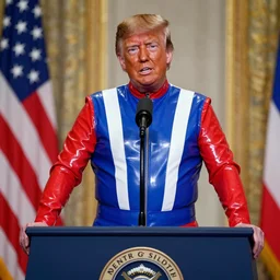Donald Trump wearing red white and blue latex catsuit while at the podium, photograph, 8k, hd, trending on artstation, 35mm