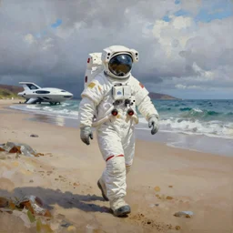 Detailed oil painting of an astronaut walking along Luskentyre beach in Isle of Harris, Scotland, a futuristic spaceship in the background, wide angle
