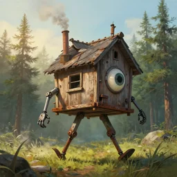 a walking wood and metal house with two mechanical legs and one big eye, smoky chimney, rust, hyperrealistic, highly detailed, cinematic, single ray of sun, morning, pareidolia, dynamic composition, gravity falls style, ghibli style, beautiful, pine trees in the background, cgssociety, artstation, 8 k, oil painting, by rhads