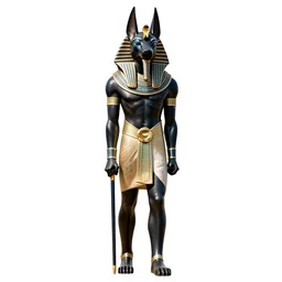 fierce anubis egyptian god, high detail digital art, full body, standing, isolated on a pure white background, centered, whole figure in frame, sharp focus, studio lighting