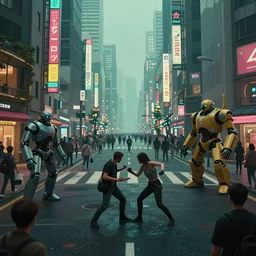 cyberpunk city street with many people and robots of different heights, tokyo, volumetric lighting, fight happening, trending artstation, unreal engine 5, matte painting, atmospheric perspective, huge depth of field, by syd mead, dreadjim, fengzhu