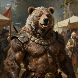 An award winning oil painting of upper body of a cool looking and happy muscular bear beast-man with white mane and brown body fur at a bustle medieval market. He is wearing tribal clothing. Renaissance style lighting. Trending on artstation.