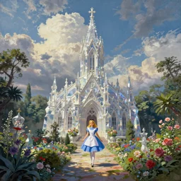 a beautiful painting of heaven garden and gothic crystal church by empyrean, alice in wonderland, rendered on artstation,