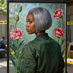 black woman, hairstyle short bob!!!, hair colour light grey!!!, purple eyes, wearing dark green bomber jacket, by gustave dore. back glass painting, carnation, encaustic painting, b - roll, establishing shot, dappled light, crime scene photography, 8 k, vray, unreal engine, blender cycles, colorful