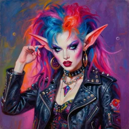 portrait of an apocalyptic demonic goblin witch biker babe character, hot girl, cool pose, psychedelic vibrant colors, futuristic punk rock fashion, oil painting by michael whelan art, sharp focus, realistic, detailed eyes, 8 0 s hair, studded leather jacket, 8 k