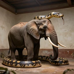 a photo of a giant snake swallow a whole elephant in a room, 8 k, hyper detailed, vivid, ultra detailed, highly detailed