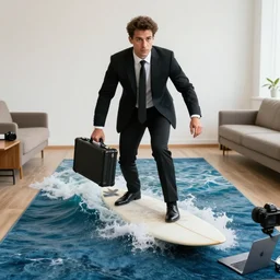 man in black suit with a case and a macbook surfs carpet which looks like ocean wave in nazare, furniture around, business surrounding, dslr, insane details, hyper reallistic, 8 k, clear face and eyes, ultra clear detail, hdr, textured, award winning, professional photography, conceptual art