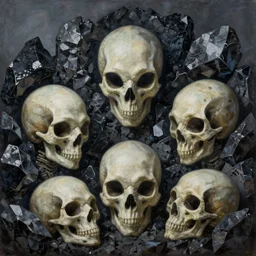 a hd surrealism painting of alien skulls on an obsidian background. art brut. trending. cinematic.