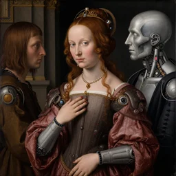 a portrait of cyborg princess connected to a man-machine interface by Jan van Eyck, renaissance style