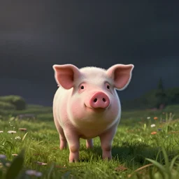 A pig stands in the middle of a meadow, dark atmosphere, mattepainting concept Blizzard pixar maya engine on stylized background splash comics global illumination lighting artstation  lois van baarle, samwise didier, rossdraws