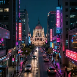 detailed ultrarealistic photography of cyberpunk neon streetlights future scifi budapest street cinematic blade runner