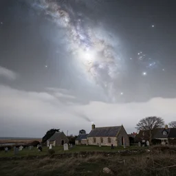 a beautiful double exposure of the astronomy picture of the day, nebula, a rural seaside village, old church and graveyard, landscape at night, soft white light, muted, neutral light, light blue tones, chimney smoke, long exposure clouds, unreal engine