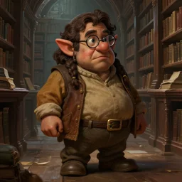picture of male librarian tolkien dwarf inside huge library, stout, casual clothes, dark skin, dark brown hair, braids, glasses, high fantasy, highly detailed, detailed faces, smooth, sharp focus, chiaroscuro, dnd, digital painting, concept art, rossdraws and moebius and jon mcnaughton