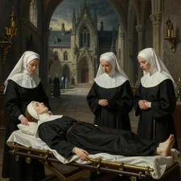 a painting of a body on a stretcher, with nuns in white veils, cinematic keyframe of a medieval hospice building in a gothic medieval town, by greg rutkowski, rule of thirds, golden ratio, ambient lighting, wlop, artgerm, artstation, highly detailed masterpiece, dark fantasy art, intricate details, elegant, ultra realistic