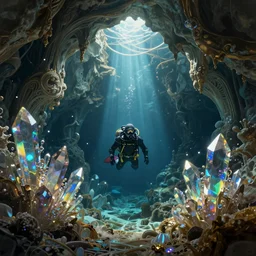 cave divers exploring a deep underwater cave system made of rainbow crystal, refraction, reflection, caustics, god rays, d & d, fantasy, intricate, elegant, highly detailed, digital painting, artstation, concept art, matte, sharp focus, illustration, hearthstone, art by artgerm and greg rutkowski and alphonse mucha