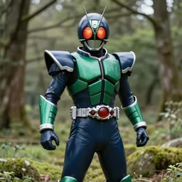 High Fantasy Kamen Rider, glowing eyes, 4k, forest plains of north yorkshire, daytime, chainmail rubber undersuit, segmented armor, dark blue armor with green secondary color, tokusatsu
