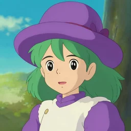 studio ghibli, cute girl, green hair, purple hat