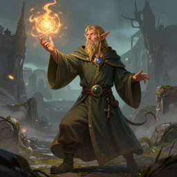 Elf wearing mage robes preforming a spell, fantasy art