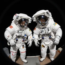 two astronauts looking down at the camera, fish-eye lens, 15mm