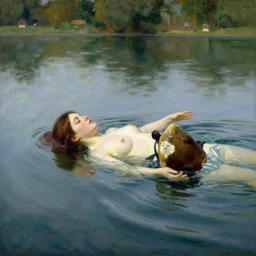 woman swimming in the lake, painting by gaston bussiere, craig mullins, j. c. leyendecker