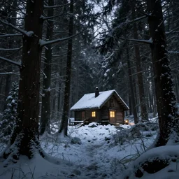 a dark fantasy concept art of a snowy forest with a single cabin in the woods, with lights on in the cabin, dynamic lighting, cinematic, ultra detailed, trending on art station, stunning visuals, atmospherical, ambient lighting, realism, lonely vibe