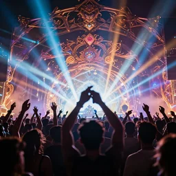 crowd partying with their hands up at a festival, silhouette, moving head light beams, digital art, trending on artstation, 4k, unreal engine, intricate, ornate