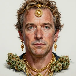 hyper realistic portrait painting of bill murray ( intrincate detail, golden ornaments, marijuana ) wet, marijuana buds, by saturno butto, boris vallejo, austin osman spare and david kassan, by bussiere. occult art, occult diagram, red and green color scheme.
